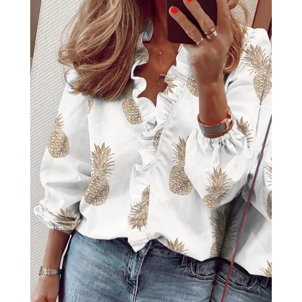 

Office Ladies Fashion Pineapple Printed Blouse SpringFashion Casual Wild Long Sleeve Ruffle Slim Blouse Tops Shirt D30