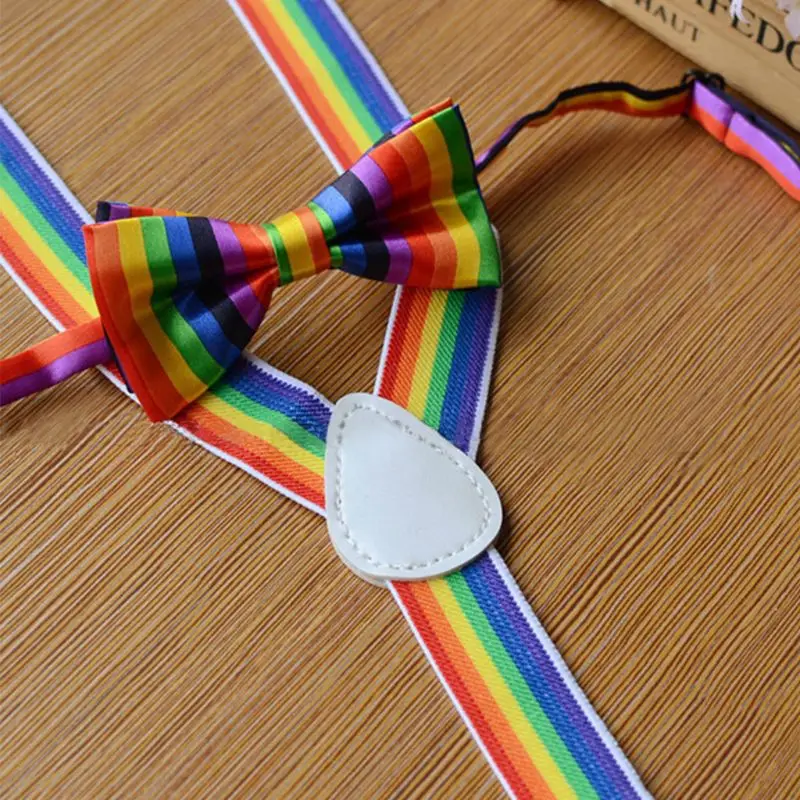 2 Pcs/set Cute Fashion Kids Bow Tie Strap Clip Set Rainbow Striped Leading Knot Children Bib Pants Accessories for Boys Girls