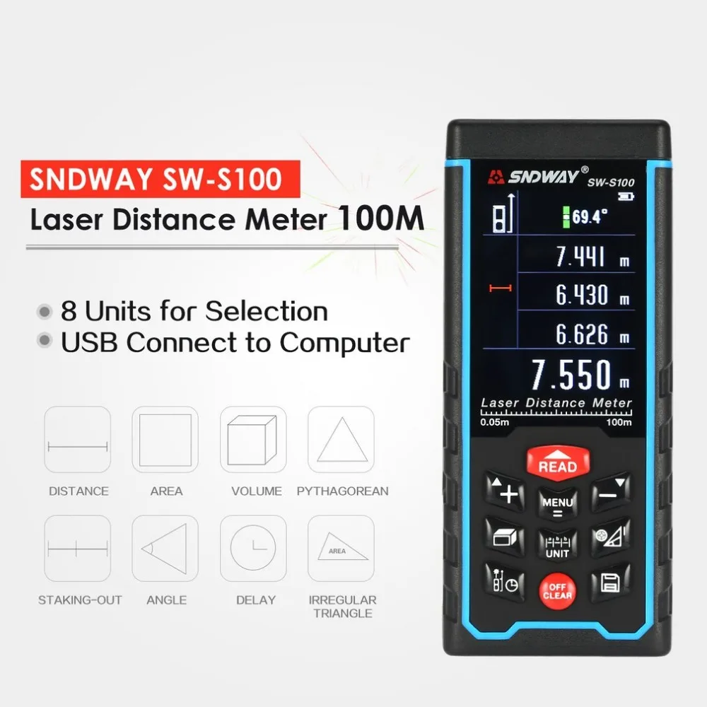 

SNDWAY SW-S100 100M Handheld Laser Distance Meter Range Finder Trena Laser Tape Measure Distance Tool Rangefinder