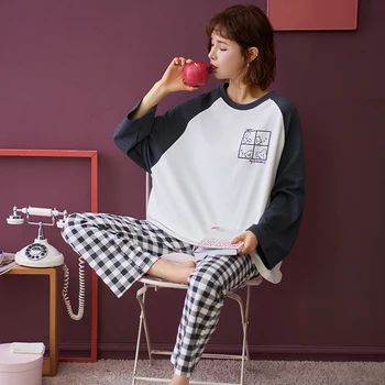 

Autumn Sleepwear Set Round Neck Pajamas For Women Cotton Homewear Dormir Tops With Pants Pijama Plus Size Dropshipping