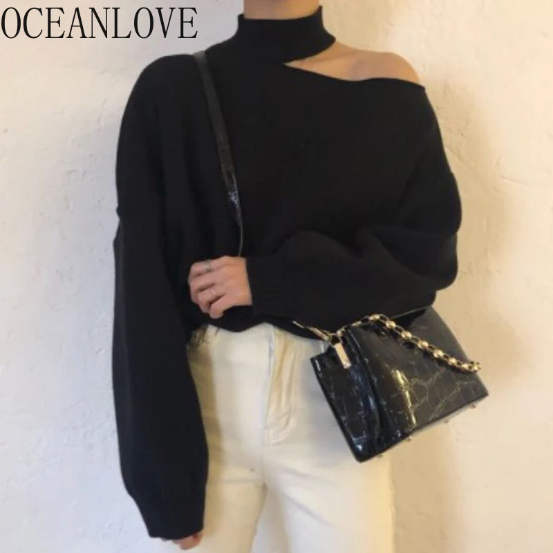 

OCEANLOVE Hollow Out Solid Women Sweaters Half Turtleneck Off Shoulder Pullovers 2019 Autumn Winter Korean Pull Femme 13058