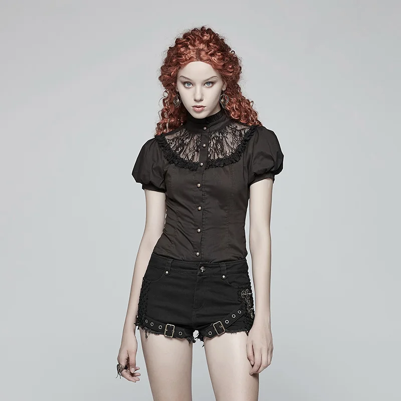 

PUNK RAVE Women's Steampunk Puff Sleeve Shirt Lace Flower Mesh Slim Fit Retro Short Sleeve Women T Shirt