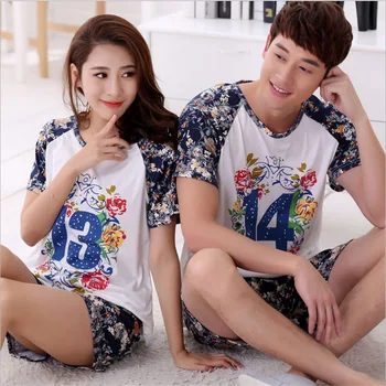 

New Women/men Summer Short Sleeve Shorts Sleepwear Couples Pajamas Set number "1314" Home Clothing Lovers printing Casual Wear
