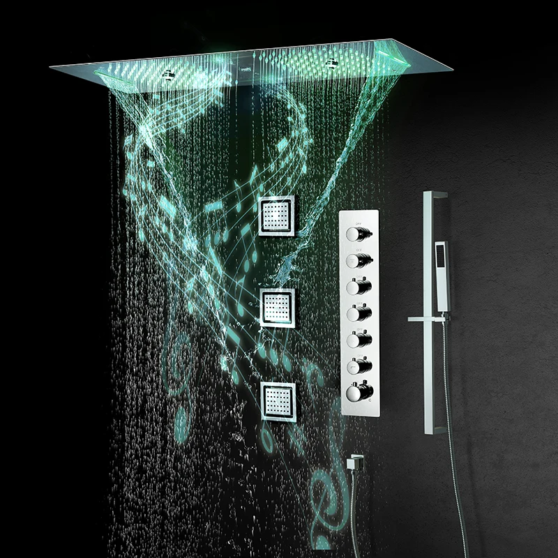 Luxurious Large 900&times;300mm Rain Shower Panel 6 Functions Shower System Thermostatic Bathroom Faucet Bath Tap LED Music Showerhead