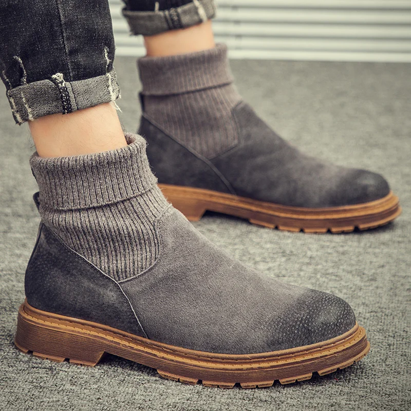 Мужские ботинки martin с высоким берцем; Botas; Модные трикотажные уличные кожаные ботинки; мужские повседневные дышащие ботинки без застежки
