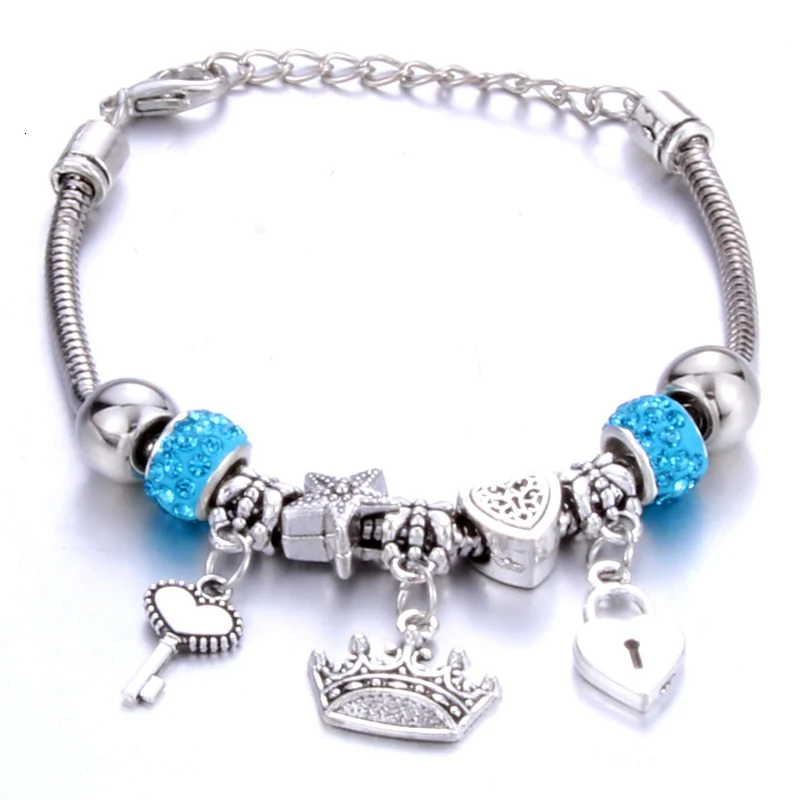 Antique Original Crown key lock Shape 6 colors Charm Bracelets For Women Glass Beads Brand Bracelet & Bangle DIY Jewelry Gifts