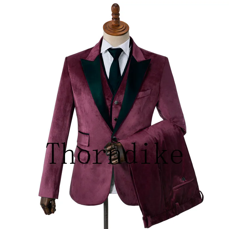 One Button Slim Fit Men Suits Light Purple Velvet Prom Stage Wedding Tuxedos Fall 3 Piece Male Set Suit Jacket Vest Pant