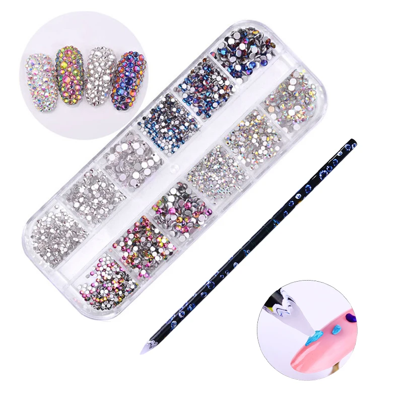 2Pcs 3 12 сеток/коробка Стразы для ногтей многоразмерный AB Цвет яркий прозрачный кристалл плоское дно дизайн ногтей 3D украшения аксессуары инструменты - Цвет: 2Pcs 3