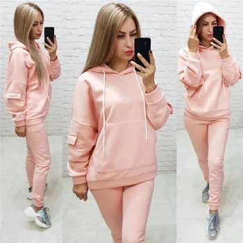 

Solid Autumn Winter Tracksuit Two Piece Set Women Side Pocket Sweatshirt Pullover Top And Pants Suit Casual Outfit Chandal Mujer