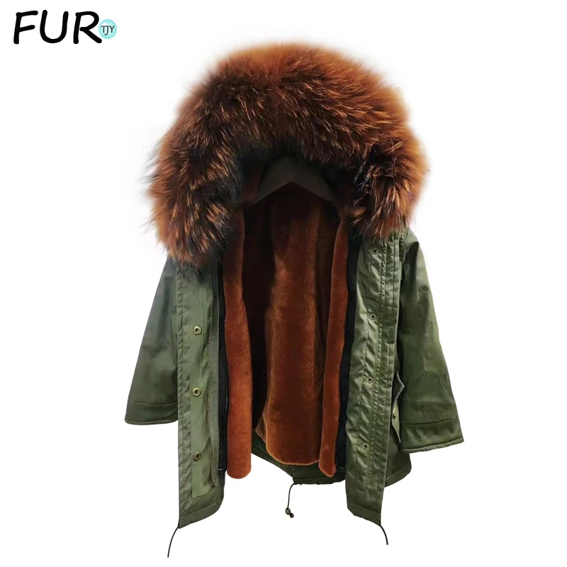 

Детское пальто армейского зеленого цвета, парка, Детская шуба из натурального кролика, зимняя теплая верхняя одежда для малышей, однотонное пальто с воротником из меха енота