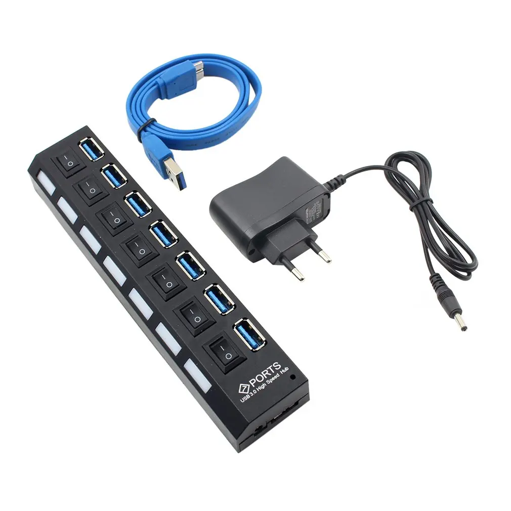 USB HUB 3,0 4/7 Порты Micro USB 3,0 концентратор разветвитель с Мощность адаптер USB hab высокое Скорость 5 Гбит/с USB разветвителем 3 концентратор для ПК - Цвет: 7 Port With EU