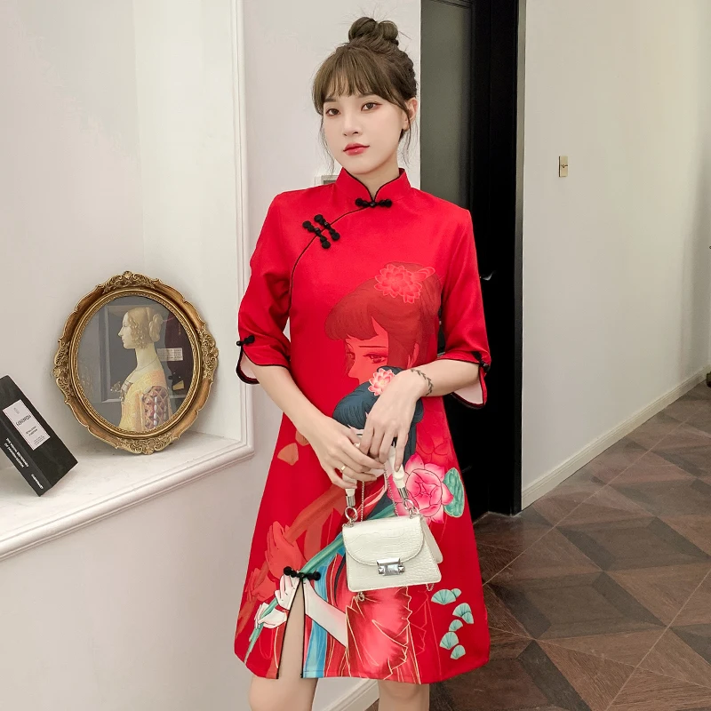 Improved Cheongsam Women Stand Collar Buckle Vintage Print Three-quarter Sleeve Chinese Style Split Fork Mini Dress Ladies Qipao 4