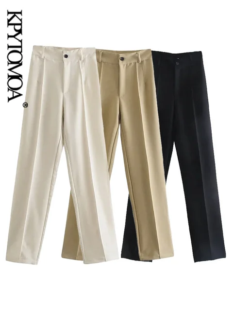 KPYTOMOA Women 2021 Chic Fashion Office Wear Solid Straight Pants Vintage High Waist Zipper Fly Female Trousers Mujer 1