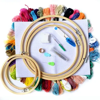 

50 Color Threads Embroidery Starter Kit 5 PCS Bamboo Embroidery Hoopsand DIY craft Cross Stitch Embroidery Needle Point Kit