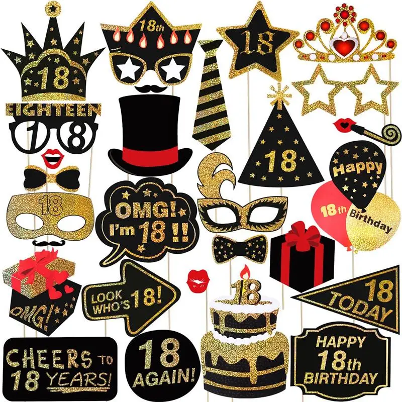 

29 Pcs Glitter 18th Happy Birthday Photo Booth Props Party Accessories for Birthday Party Decoration Favors Supplies