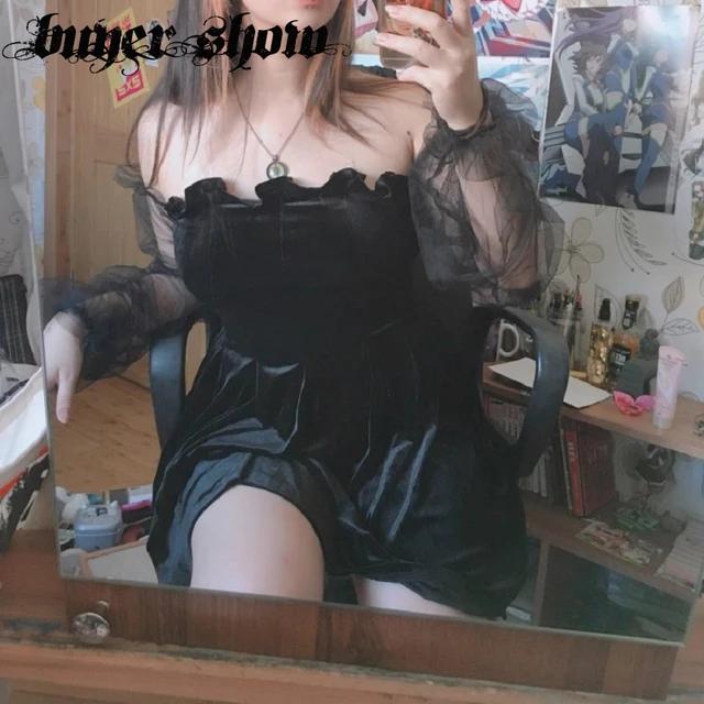 Goth Dark Mesh Vintage Gothic Dresses Egirl 2021 Aesthetic Transpanent Strap Pleated Dress Chic Punk Hip Hop Grunge Emo Y2K Chic 6