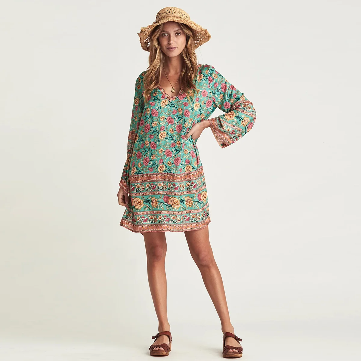 Skup Jastie sukienka z długimi rękawami odzież damska 2019 sukienki jesienne kwiatowy Print dekolt w serek elegancka sukienka Boho Vestidos de fiesta de noche