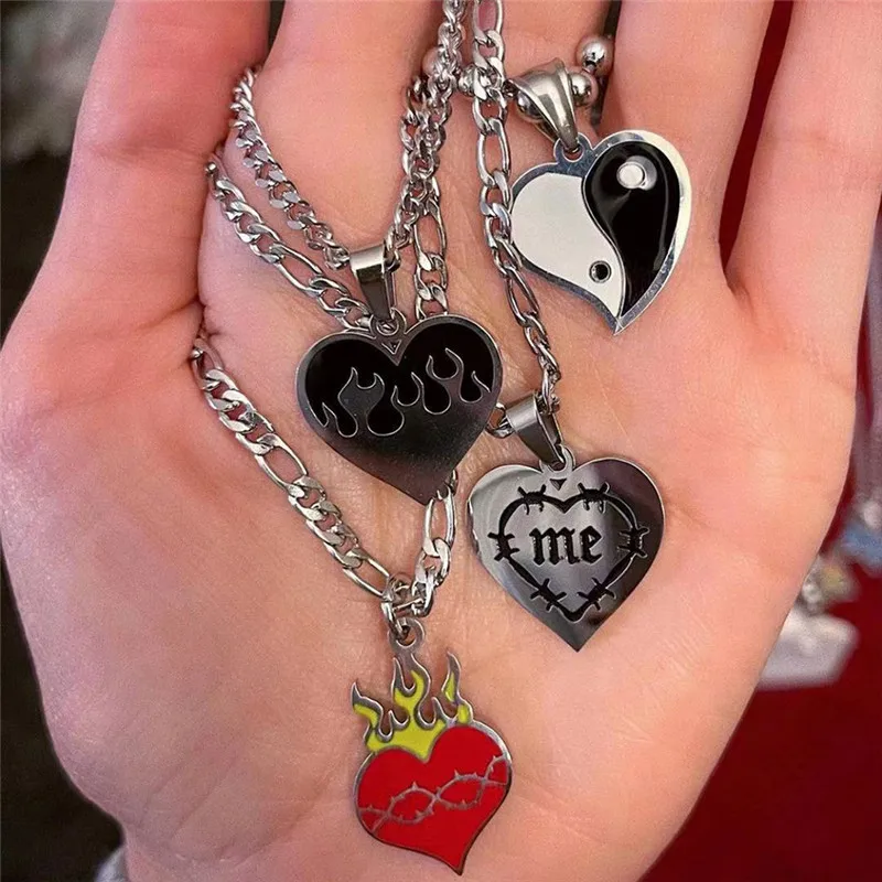 Fashion Heart Necklaces For Women Stainless Steel Strand Chain Necklace Harajuku Pendant Gossip Flame Cool Girls Gift Jewelry | Украшения и