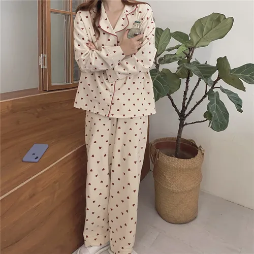하트 프린트 홈 수트, 루즈 코튼 캐주얼 잠옷 세트, 한국 잠옷 바지, 하라주쿠 홈 의류, 카와이 싱글 브레스트 탑 2