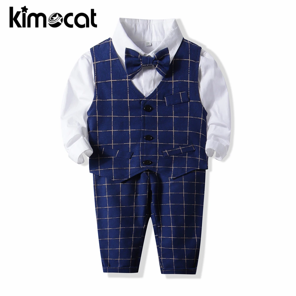 Kimocat/красивая белая рубашка с бантом и жилетом для новорожденных+ клетчатые штаны Одежда для маленьких джентльменов комплект одежды для мальчиков в строгом стиле