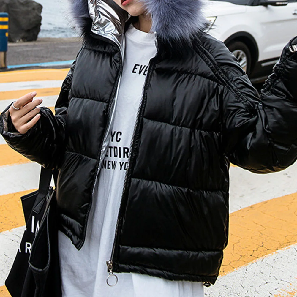 

Cotton Padded Jacket Glossy Short Coat Women 2020 Korean Loose Parkas Big Fur Collar Hooded Student Bread Coats Outwears Winter