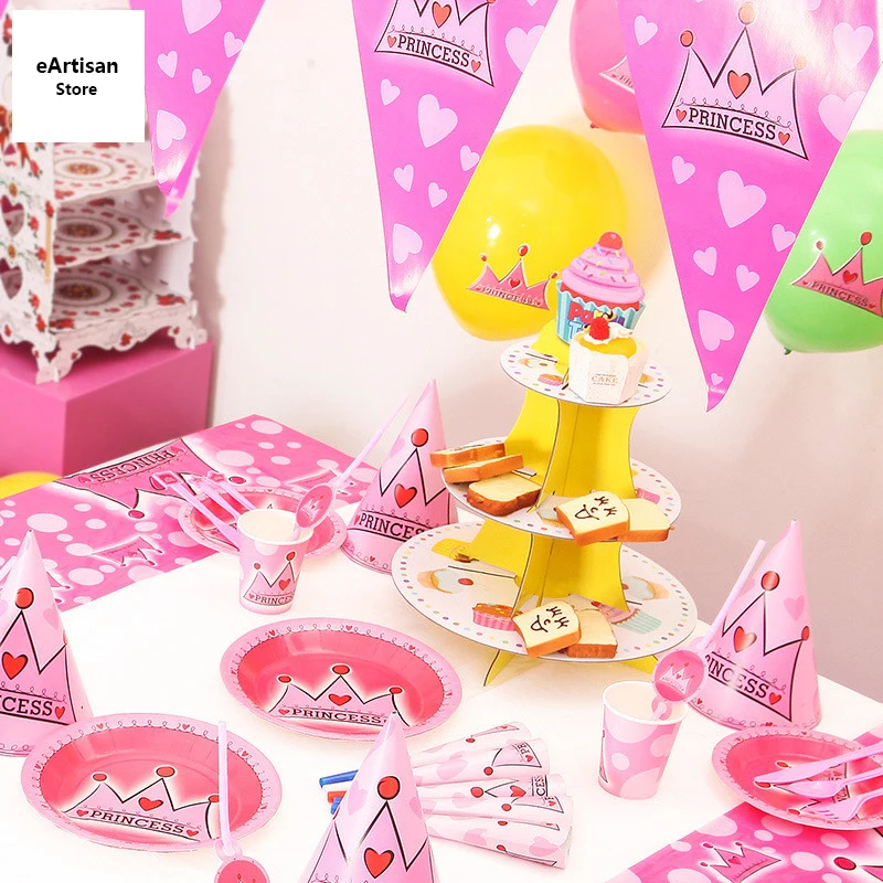 

Crown Princess Theme Party Set Tableware Plate Napkins Banner Birthday Candy/popcorn Box Baby Shower Party Decoration Supplies