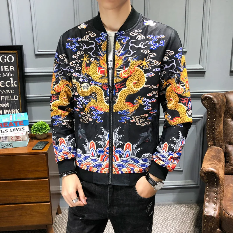 

2019 Autumn Dragon Print Vintage Jacket Coat M-5XL Mens Jackets Streetwear Chinese Style Hip Hop Bomber Jacket Men Clothing