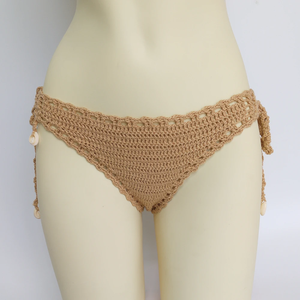 Women Sport Sexy Bikini Thong Handmade Crochet Swimwear Bikini Bottom Hollow-out Low Waist Bathing Suit Bottoms
