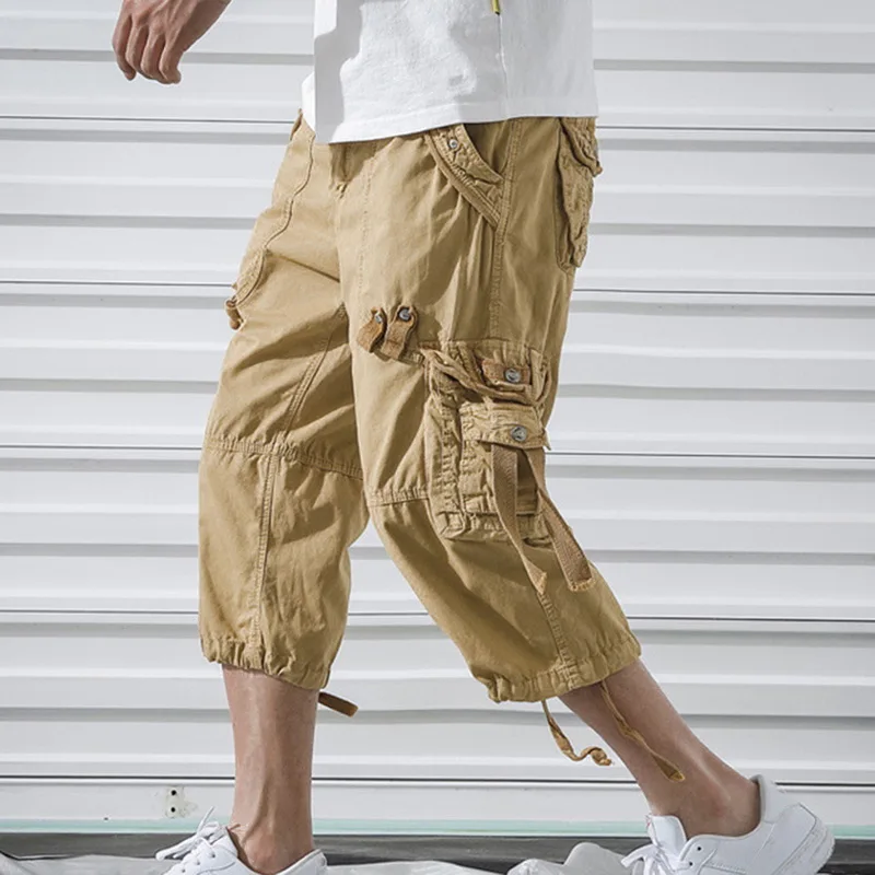 Красивые летние мужские брюки карго 2/5 длина VogueWorkout Брюки Военный стиль Карго короткие брюки Мульти карманы широкие в стиле милитари брюки