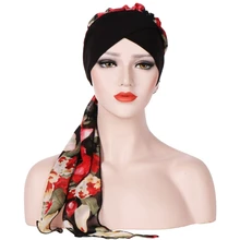 Женский платок на голову химиотерапия шляпа мусульманский тюрбан предварительно привязанные цветы печатных головной убор мягкий LX9E