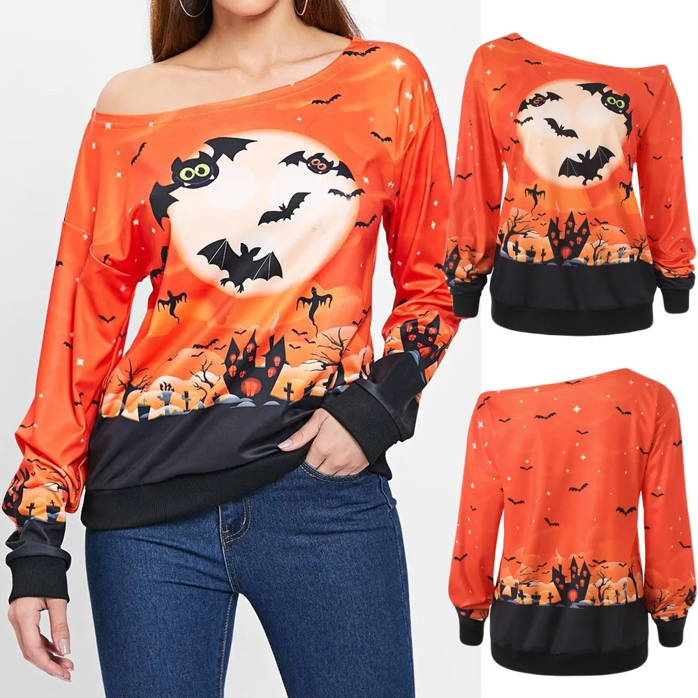 Новая толстовка женская с длинным рукавом плюс размер Хэллоуин ведьмы печати Блузка tallas grandes mujer пуловер Блузка Топ FB