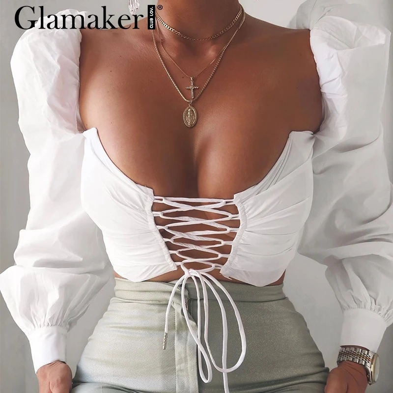 Glamaker, рукав-фонарик, белый короткий топ, летний, однотонный, на шнуровке, квадратный вырез, сексуальная рубашка, Топ для женщин, модные, вечерние, элегантные, женские блузки