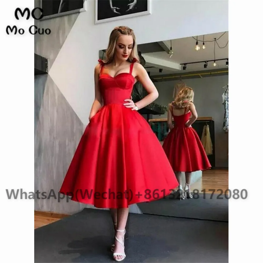 A-Line Red Satin Straps Tea Length Prom Dress With Pocket (2)