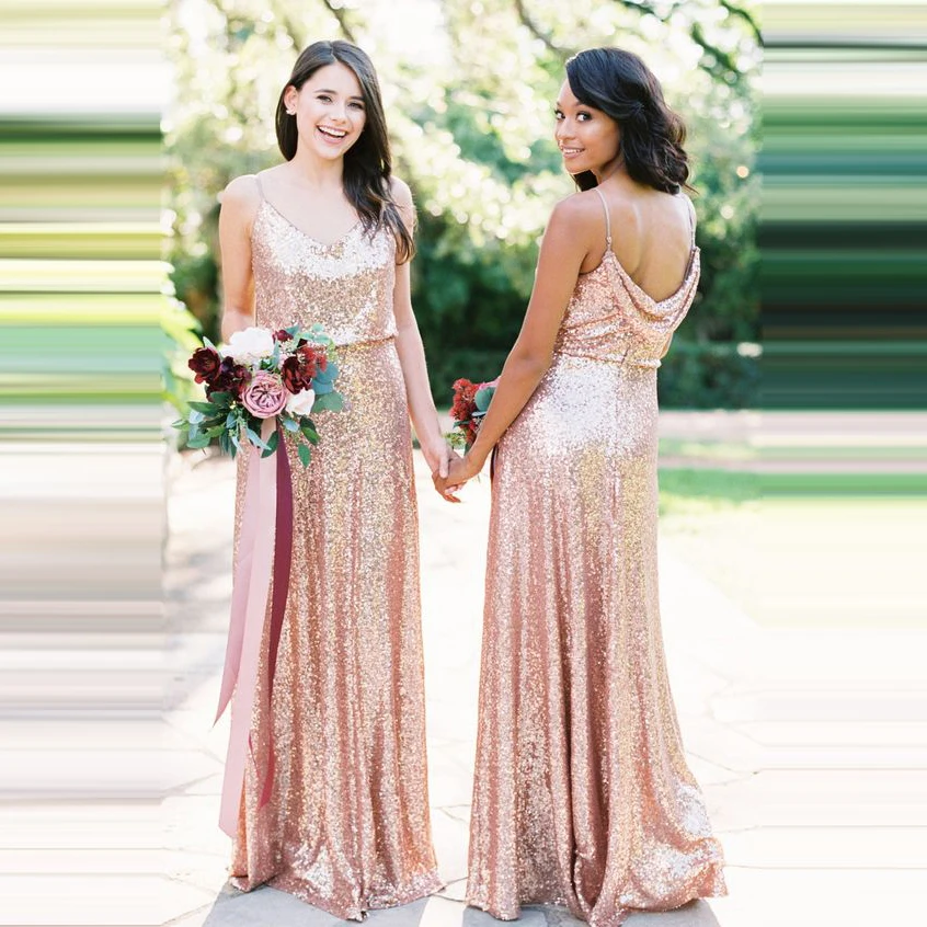 2020 NEW Sparkle Sequined Bridesmaid Dresses V Neck Pleats Gold Champagne Long Mermaid Maid Of Honor Bridal Wedding Guest Gowns | Свадьбы и