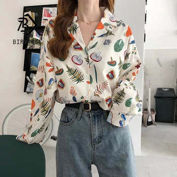 

New Arrival Women Fruit and Vegetable Print Oversize Chiffon Blouse Button Up Notched Lapel Shirts Chic Top Feminina Blusas T9D4