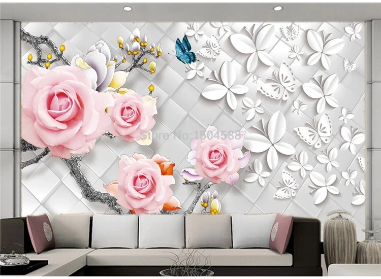 Custom Mural Wallpaper 3D Stereo Rose Flowers Butterfly Soft Roll Wall Painting Living Room TV Bedroom Home Decor 3D Wall Papers