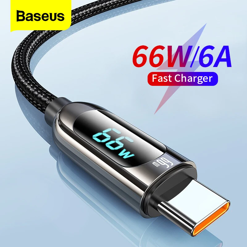 Baseus 66W USB Type C Cable 6A Fast Charging Charger Wire Cord LED Data ...