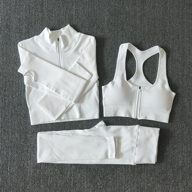Seamless Women Yoga Set Workout Sportswear Gym Clothing Zipper Long Sleeve High Waist Leggings Fitness Bra Athletic Sports Suits 3PCSWhite