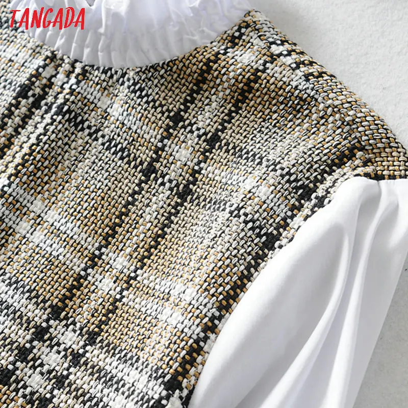 Tangada women plaid patchwork white blouse ruffle neck long sleeve sweet chic female casual shirt blusas femininas 6A167