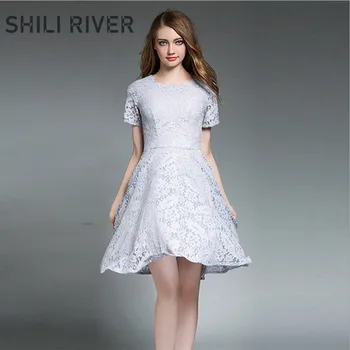 

2020 summer fashion designer dress for women short sleeve slim casual lace floral elegant knee length retro pleated dresses blue
