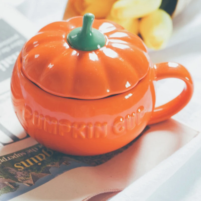 Household Halloween Cute Pumpkin Shape Creative Personality Ceramics With Cover Mug Home Office Drinking Utensils 1PC