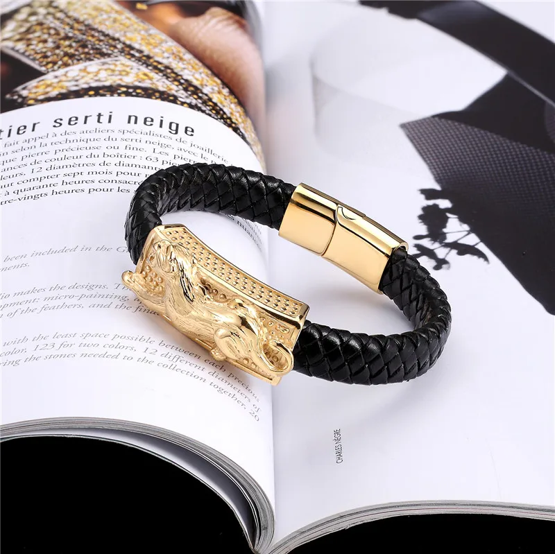 MKENDN Punk Style Design Gold Fish Bones Genuine Leather Bracelet for Men Stainless Steel Magnetic Button Gift Male Bracelets