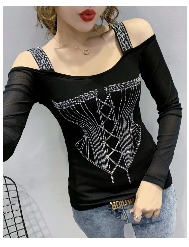 2020 Autumn new woman tshirts Fashion sexy off the shoulder women t-shirt long sleeve Hot drilling plus size women clothing