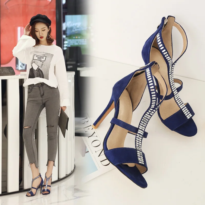 

Fashion Leisure Women Thin Heels Sandals Ankle Strap Super High Cover Heel Women Shoes Solid Crystal Summer ZipSandals