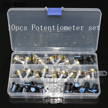 

WH148 Potentiometer Kit B1K 2K 5K 10K 20K 50K 100K 250K 500K 1M 15mm/20mm Linear Taper Rotary Potentiometer Resistor 3pin + Cap