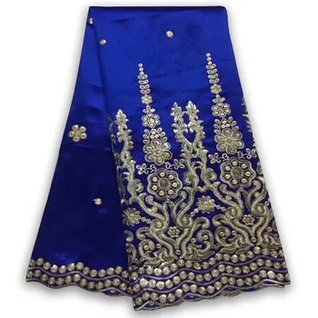 

African George Lace Indian Design Blue For Nigerian Wedding Dress Tissu Sequined Gold Line Embroidered Guipure Lace Silk Fabrics