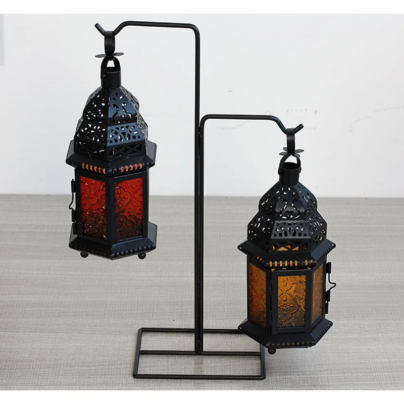 Металлический стеклянный свечной фонарь, марокканский стиль портативный подсвечник в форме павильона подвесной светильник ветровой фонарь