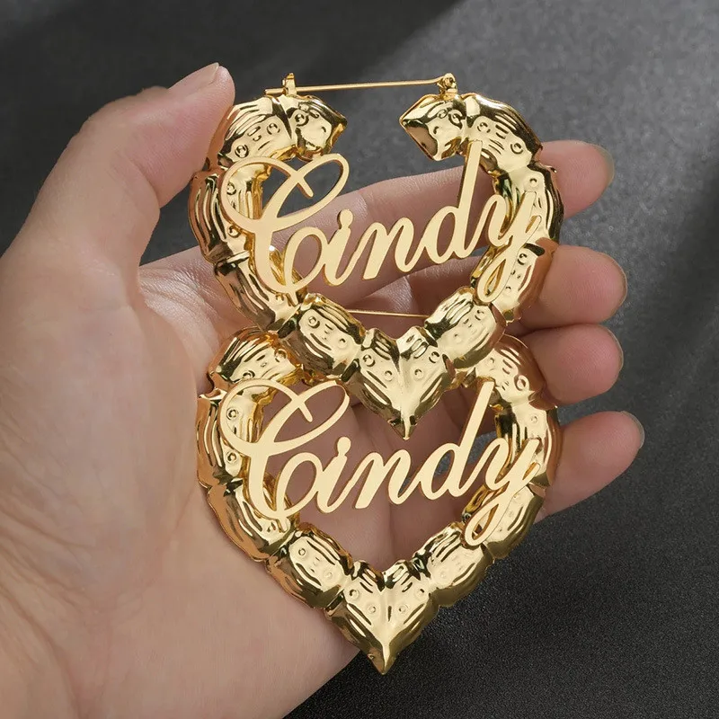 Custom Name Earrings Bamboo Heart Hoop Earrings Love Shape Customized Letter Earrings Heart Shape Bamboo Earring for Girls