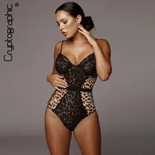 Cryptographic Straped Bodysuits for Women Leopard Printing Hollow out Patchwork Lace Bodysuits Sexy Body Female Rompers Fashion