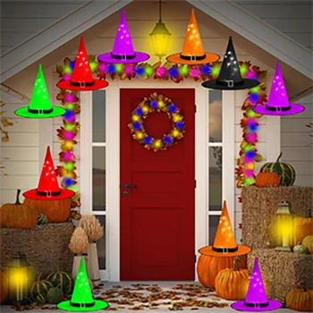 

10Pcs Halloween Decorations Led Lighted Witch Hats Hanging Glowing String Lights Battery Powered for Outdoor, Yard, Tree
